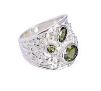 Anillo de moldavita de 8 x 6 mm, 6 x 3 mm, 3 mm, ovalado, redondo, facetado, verde, juego de joyas de plata de ley 925 hechas a mano, Q1/2,58(18.5), Piedra preciosa, Moldavita