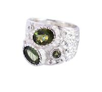 Anillo de moldavita de plata de ley de 6 x 8 mm, ovalado, facetado verde, juego de bisel redondo con textura, hecho a mano, X1/2,68(21.60), Piedra preciosa, Moldavita