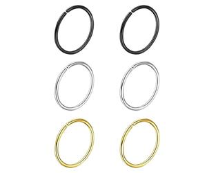 Anillo de nariz falso con aro de acero inoxidable, pendientes de cartílago del tabique y trago, joyería Artificial de 0,8x8mm, Color acero/Negro/oro, 6 uds.