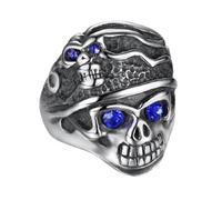 Anillo de ojo de calavera azul para hombres, gótico, punk, doble cráneo, anillo de cabeza de cráneo, cristal azul, joyería de ojos, Acero inoxidable, Sin piedras preciosas