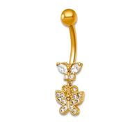 Anillo de ombligo de oro amarillo macizo de 14 quilates, calibre 14, pulido y con cuentas, circonita cúbica de imitación de diamante colgante, mariposa y alas de ángel, regalo de joyería para mamá