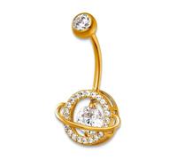 Anillo de ombligo de oro amarillo macizo de 14 quilates, calibre 16, pulido y vibrante circonita cúbica de 13,45 mm, diamante de imitación de Saturno, planeta Saturno, regalo de joyería para mamá