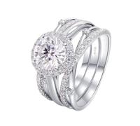 Anillo de oro blanco para mujer, juego de anillos de madre con 4 puntas redondas de 8 x 8 mm con moissanita de 2 quilates, J 1/2, Oro blanco de 18 quilates, Moissanita
