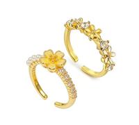 Anillo de oro para mujer, 2 anillos apilables de oro para mujer, juego de anillos dorados Little Daisy, paquete de anillos de dedo apilables ajustables abiertos (Gold A)