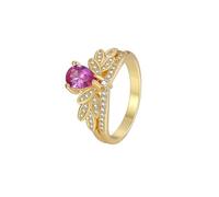 Anillo de oro para mujer, corona de amor con forma de pera rosa creada en laboratorio, turmalina, oro amarillo, H 1/2, Oro amarillo de 9 quilates, Turmalina creada en laboratorio