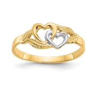 Anillo de oro pulido de rodio blanco de 10 quilates con 2 corazones de amor, talla 6.00, anillo de declaración para mujer