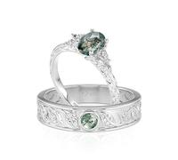 Anillo de pareja de ágata musgosa para mujer, hombre, anillo de boda, anillo de plata de ley, anillo de compromiso con circonitas, anillo de compromiso, anillo de banda para San Valentín, boda