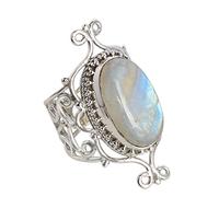 Anillo de piedra lunar arco iris, cabujón ovalado de 20 x 12 mm, plata de ley 925, engastado con piedra preciosa morada, anillo bohemio hecho a mano para mujer, W 1/2, Piedra preciosa., Piedra lunar