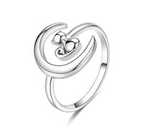 Anillo de plata 925, anillo ajustable abierto con forma de luna y gato de plata esterlina 925 para mujer, anillo de compromiso de boda de metal
