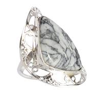 Anillo de plata de ley 925 con cabujón de pera de 26 x 15 mm, piedra preciosa gris natural y blanca, hecho a mano, joyería bohemia para mujer, regalo de cóctel de declaración L 1/2, 52 (16.60)