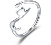 Anillo de plata de ley 925 con circonita cúbica, diseño de gato, estrella, luna y mariposa. Bonito anillo ajustable y delicado. Regalo p