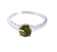 Anillo de plata de ley 925 con moldavita y circonita cúbica, dos piedras preciosas verdes facetadas redondas de 6 mm, hecho a mano, regalo para mujeres u hombres, P1/2,57(18.1), Piedra preciosa