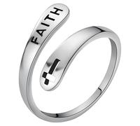 Anillo de plata de ley para mujer con grabado de fe, anillo clásico ajustable de doble capa para uso diario, Una talla, Plata, No es una piedra preciosa, Una talla, Plata, No es una piedra preciosa