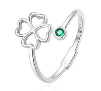 Anillo de plata esterlina de cuatro hojas de trébol apilable ajustable para mujeres y niñas anillo abierto bonito con flor de trébol irlandés regalo de San Patricio, Plata de ley, Zirconia cúbica