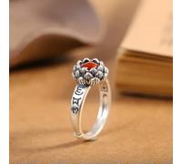 Anillo de Plata Pura S925 con Flor de Loto y ágata roja de la Suerte para Mujer
