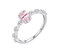 Anillo de promesa para mujer, banda de oro blanco redonda con forma ovalada rosa creada morganita, P 1/2, Oro blanco de 14 quilates, Morganita sintética