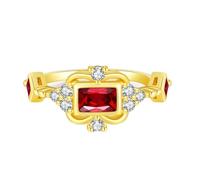 Anillo de propuesta de matrimonio, anillo de boda, elegante flor con corte rectangular rojo en laboratorio, rubí, oro amarillo, Oro amarillo 9 quilates, Rubí producido en laboratorio