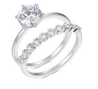 Anillo de propuesta de matrimonio, delicado anillo para mujer, juego de 2 anillos con corte redondo de 1 quilates moissanite de oro blanco de 9 quilates, talla 56 (17,8)