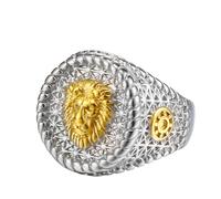 Anillo de sello de león plateado para hombres Estiloso anillo redondo de león en oro Clásico anillo de roca animal Joyería para hombres, Acero inoxidable, Sin piedras preciosas