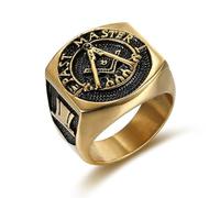 Anillo de sello de maestro masón dorado para hombres, estilo hip-hop de piedra vintage, anillo de brújula masónica para hombres, Acero inoxidable, Sin piedras preciosas