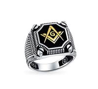 Anillo De Sello Masónico De Gran Declaración Para Hombre Con Compás De Francmasonería Plata De Ley .925 Con Incrustación De Oro Negro De Tres Tonos