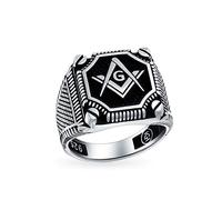 Anillo De Sello Masónico De Gran Declaración Para Hombre Con Compás De Masón Plata De Ley .925 Con Incrustación Negra De Dos Tonos