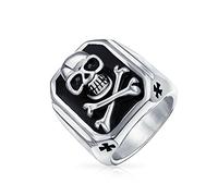 Anillo De Sello Rectangular De Calavera Y Huesos Cruzados De Pirata Caribeño Esmaltado Negro Grande Para Hombres Adolescentes Tono Plateado De Acero Inoxidable