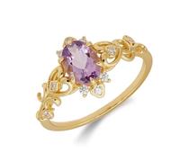 Anillo de solicitud de oro de 9 K/14 K/18 K con amatista ovalada lila, corazón vid oro amarillo Au 375/585/750, banda de boda Moissanita, talla 47-65, Oro amarillo de 18 quilates (750), Amatista