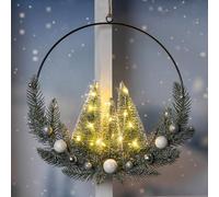 Anillo decorativo LED de metal con abetos y bolas de Navidad - 30 cm - Decoración de Navidad - Colgador de Navidad blanco cálido iluminado con pilas - Corona de Adviento Invierno con adornos para