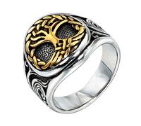 Anillo del Árbol de la Vida Vikingo Nórdico - Hombre Mujeres Acero Inoxidable Celtic Knot Yggdrasil Signet Ring - Hecho A Mano Pulido de Doble Color Nórdico Protección Amuleto Joyería(Gold_13)