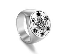 Anillo del cubo de Metatron para Hombres y Mujeres de Acero Inoxidable Ángel Sello Arcángel Metatron Estilo Geometría Sagrada Anillo de Protección Amuleto, Acero inoxidable