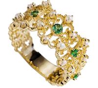 Anillo Flor, Anillos Mujer Retro Verde Tsavorita Oro Amarillo de 18 Quilates con Perla Talla 25