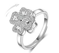 Anillo giratorio de trébol de cuatro hojas para ansiedad, chapado en plata de ley, anillo de flor de circonita cúbica, alivio del estrés, apilable, abierto, regalo de cumpleaños, hija, promesa de moda