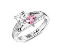 Anillo grabado con 2 piedras natales y nombres, anillos personalizados para mujer, anillo de promesa en forma de corazón, anillos personalizados para su madre, anillos de piedra natal para mujer
