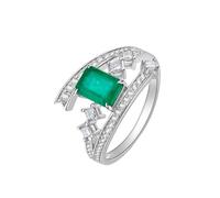 Anillo grabado para mujer, anillo esmeralda oro blanco 9K/14K/18K Geométrico con esmeralda y diamante talla sólida sin chapado elegante para hermana graduación joyería, 50, Oro blanco de 18 quilates