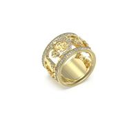 GUESS Anillo 4 Love de Acero Dorado - Palabras LOVE con Flores y Logo 4G en la O con Cristales Blancos, Talla 14