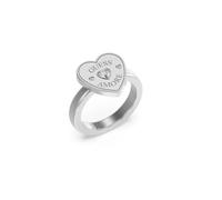 GUESS Anillo Amore Plateado - Candado Corazón con Cristales Blancos y Frase AMORE, Talla 14
