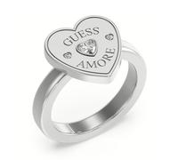 GUESS Anillo Amore Plateado - Candado Corazón con Cristales Blancos y Frase AMORE, Talla 14