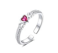 Anillo Hueco de corazón Rojo de Ley S925, Anillo de circón Ajustable con Apertura a la, Anillo de Aniversario de Compromiso de Boda, Regalos de joyería para Mujeres,