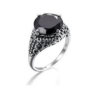 Anillo Ornamente, Anillo de Plata de Ley 925, Anillos de Obsidiana Negra, Anillo de Circonita Cúbica, Bisutería de Moda para Mujer y Hombre