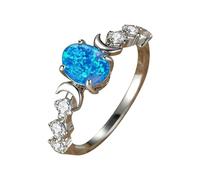 Anillo ovalado de ópalo blanco con luna, anillo de luz retro, anillo de circonita (D, 7 pulgadas), 7号, Metal