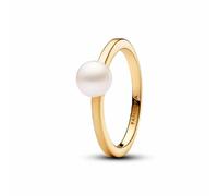 Pandora Timeless Anillo chapado en oro de 14 quilates con perla blanca cultivada de agua dulce tratada, talla 56
