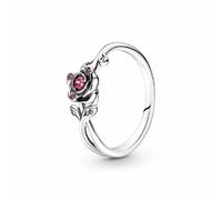 Pandora Disney Anillo con diseño de rosa de La Bella y la Bestia en plata de ley con circonitas cúbicas rojas y transparentes, talla 52