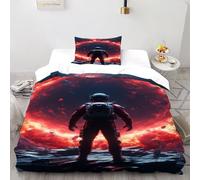 Anillo Rojo Astronautaaa Funda Edredon 2 Piezas con Impresión En 3D Starry Sky Theme con Funda Almohada Single（135x200cm） 100% Microfibra Ropa De Cama para Adultos Y Niñas