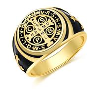 Anillo Sello para Hombre en Plata de Ley 925 Anillo San Benito Oro Cruzado Vintage Joyería Religiosa Hip Hop Regalo