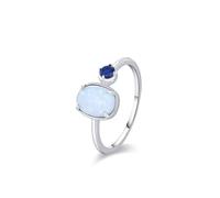 Anillo sencillo, estilo boho elegante con 4 garras, ópalo ovalado de 1,5 quilates y redondo de laboratorio de 0,3 quilates, zafiro blanco y platino, talla 52 (16,6)