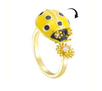 Anillo Spinner de mariquita y margarita de circonita cúbica en metal dorado, anillo abierto ajustable, giratorio, joya lúdica antiestrés, para mujer, regalo lleno de ternura, Metal, Circonita cúbica