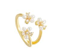 Anillo vintage de flor perla para mujer - Alianza de promesa boda anillo abierto ajustable dedo pulgar circonio cúbico elegante joya envolvente diseño único y cómodo regalo elegante para el, Metal