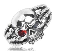 Anillo vintage de plata de ley S925 con garras y huesos de calavera para hombre con incrustaciones de circonita roja, estilo hip hop y rock.