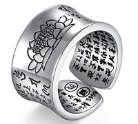 Anillos ajustables de apertura vintage para hombre en plata de ley 999 con sello de sutra del corazón budista.